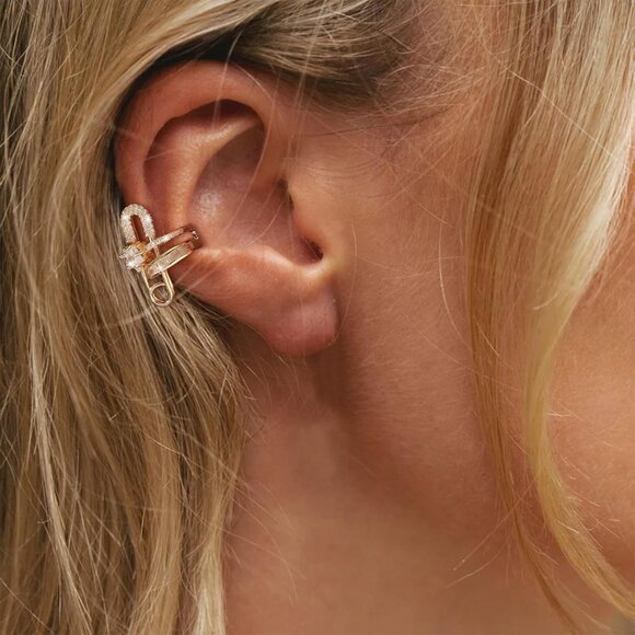 Gold Safety Pin Non Piercing Rhinestone Star Clip on Earring Cartilage Jewelry - Picture 4 of 9